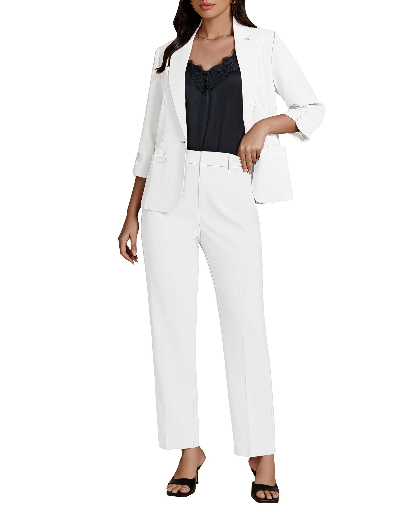 tiokkii Women's 3/4 Sleeve Blazer Straight Leg Pants Suit