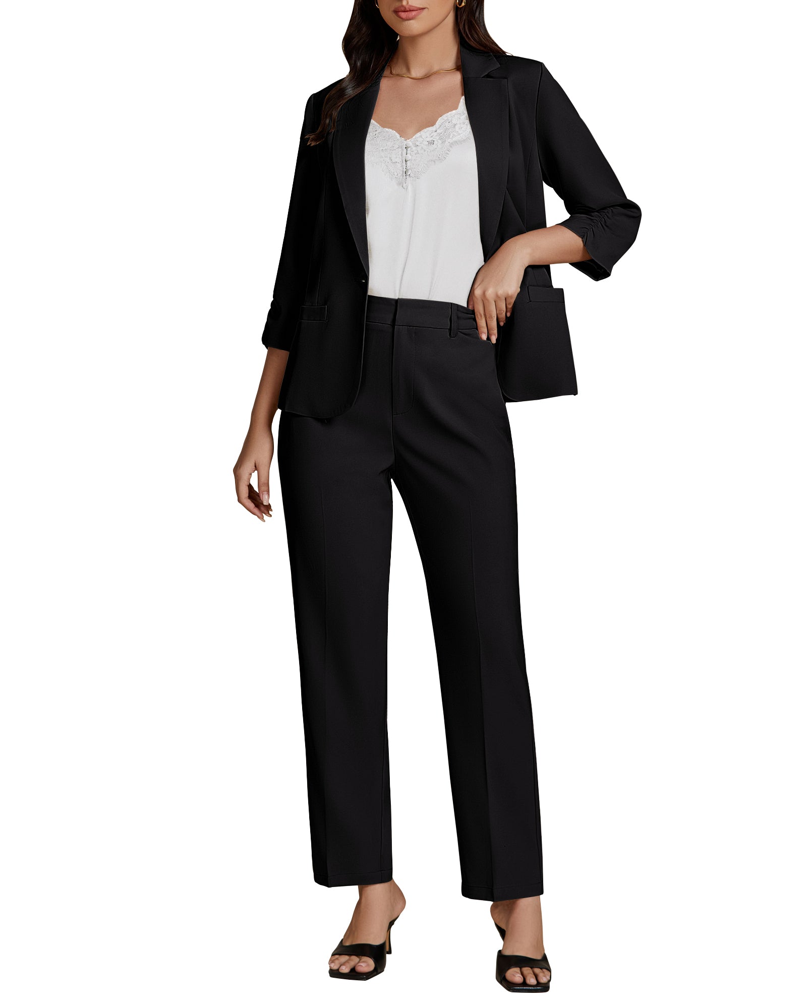 tiokkii Women's 3/4 Sleeve Blazer Straight Leg Pants Suit