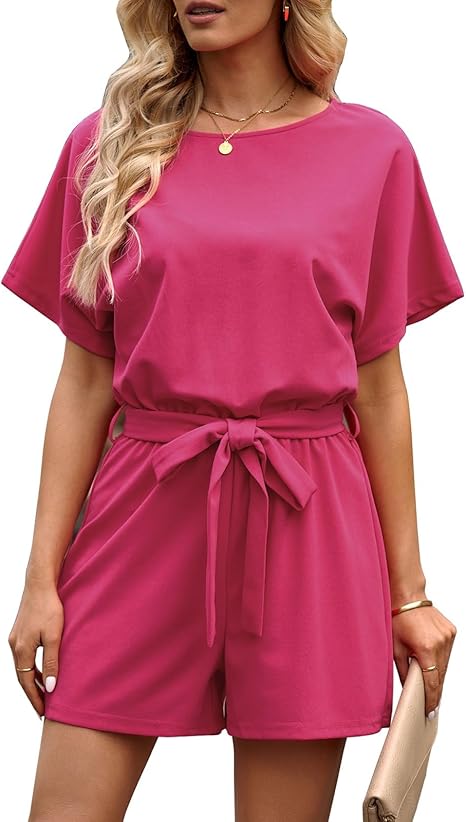 tiokkii Women's Summer Tie-Up Rompers Short Sleeve Jumpsuits Back Keyhole