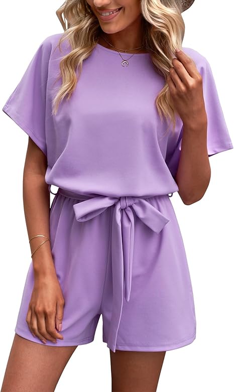 tiokkii Women's Summer Tie-Up Rompers Short Sleeve Jumpsuits Back Keyhole
