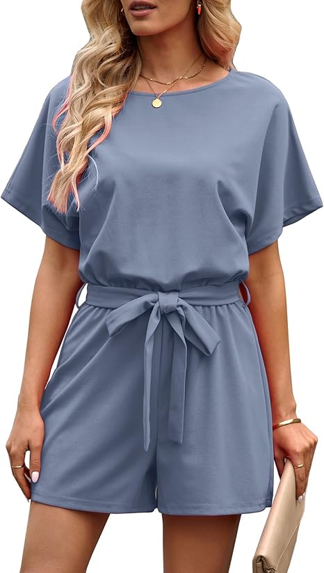 tiokkii Women's Summer Tie-Up Rompers Short Sleeve Jumpsuits Back Keyhole