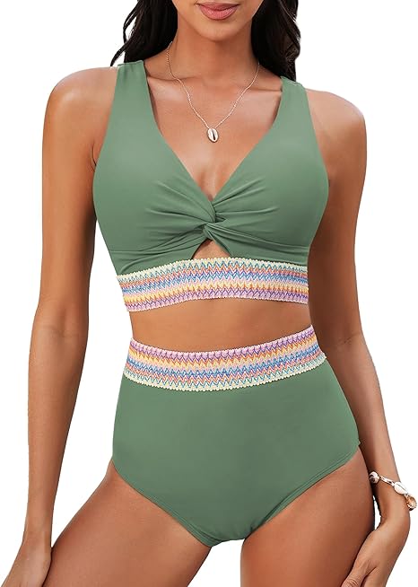 tiokkii Women's Bikini Set High Waist Swimsuit Thickened Two-Piece Knotted Twist Hollow Colorblock Swimsuit