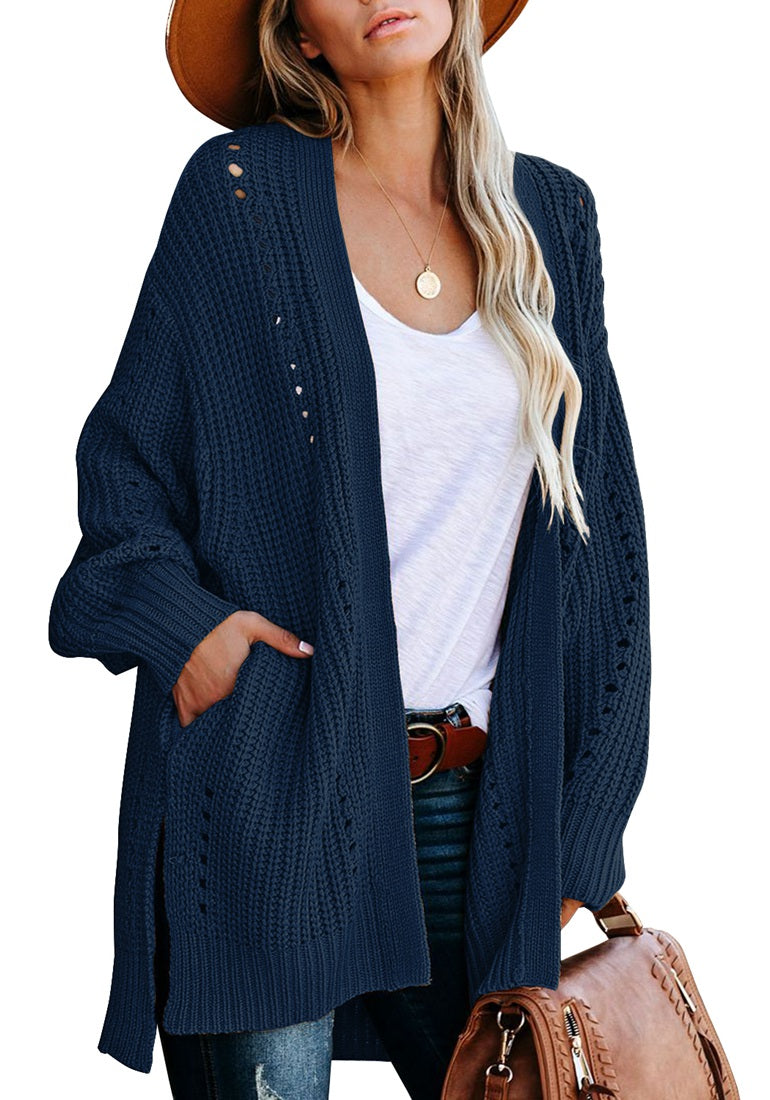 tiokkii Women's Open Front Cardigan Chunky Knit Batwing Sleeve Sweaters with Pockets