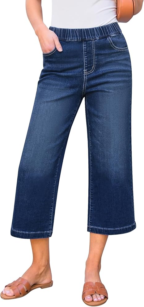 tiokkii Women's Wide Leg High Waisted Cropped Jeans Stretch Denim Elastic Waist Capri Jeans with Pockets