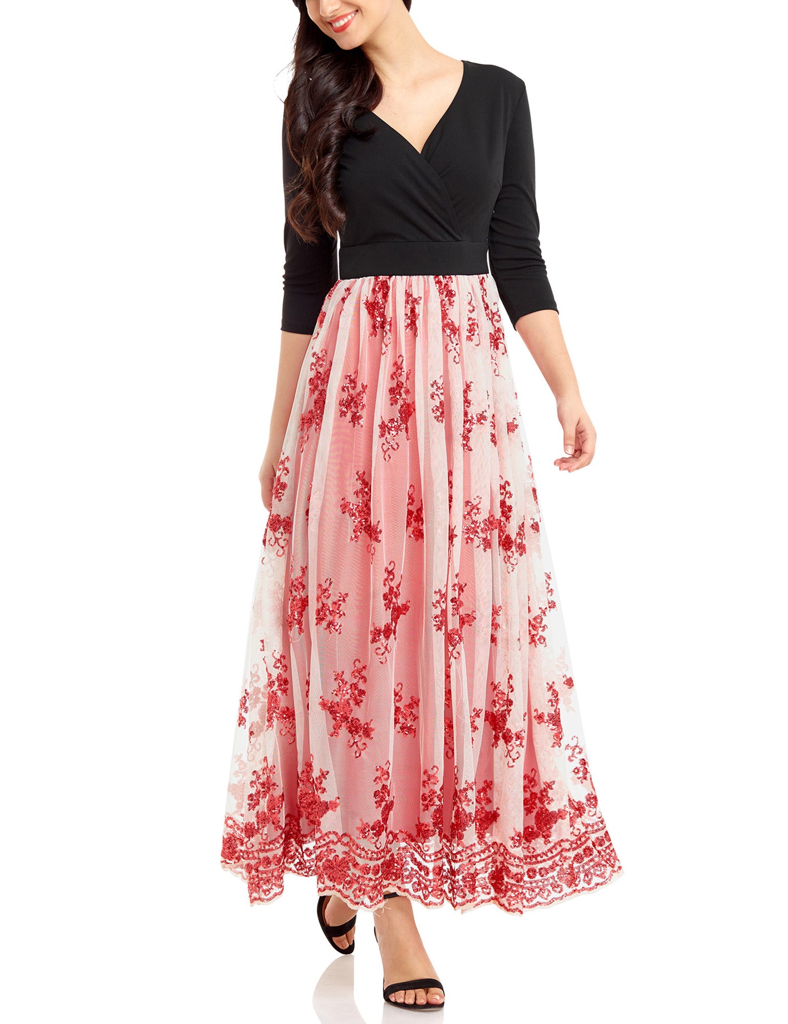 tiokkii Women's Long Maxi Dress 3/4 Sleeves V Neck A Line Dresses with Sequined Floral Pattern