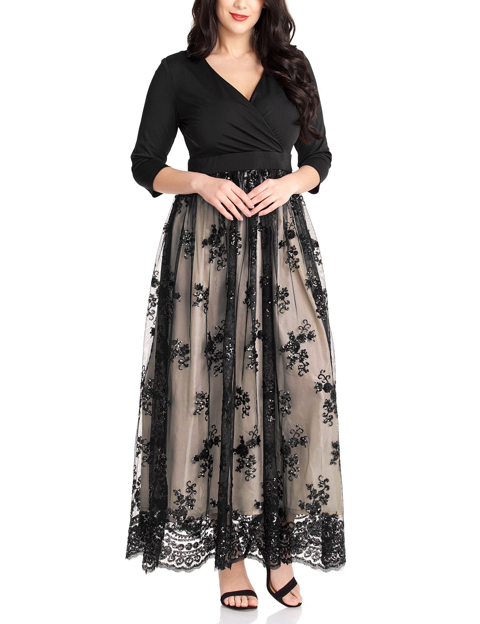 tiokkii Women's Long Maxi Dress 3/4 Sleeves V Neck A Line Dresses with Sequined Floral Pattern