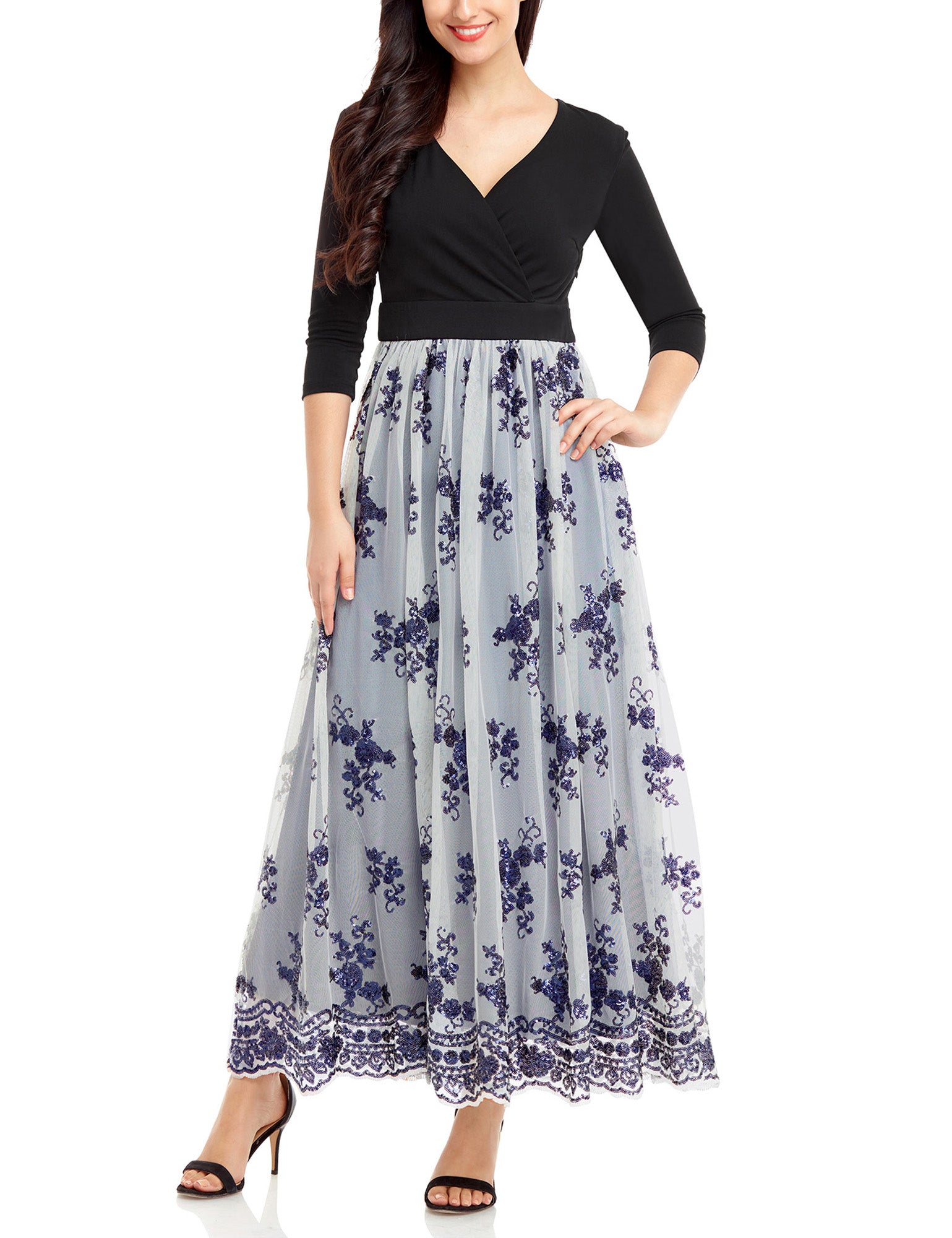 tiokkii Women's Long Maxi Dress 3/4 Sleeves V Neck A Line Dresses with Sequined Floral Pattern