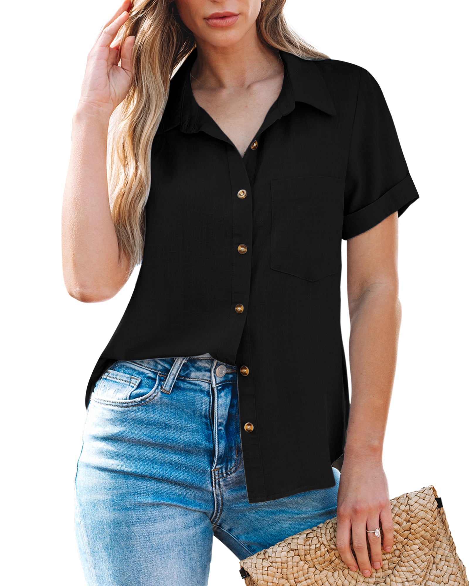tiokkii Women's Cotton Linen Short Sleeve Button Down Shirt with Front Pocket