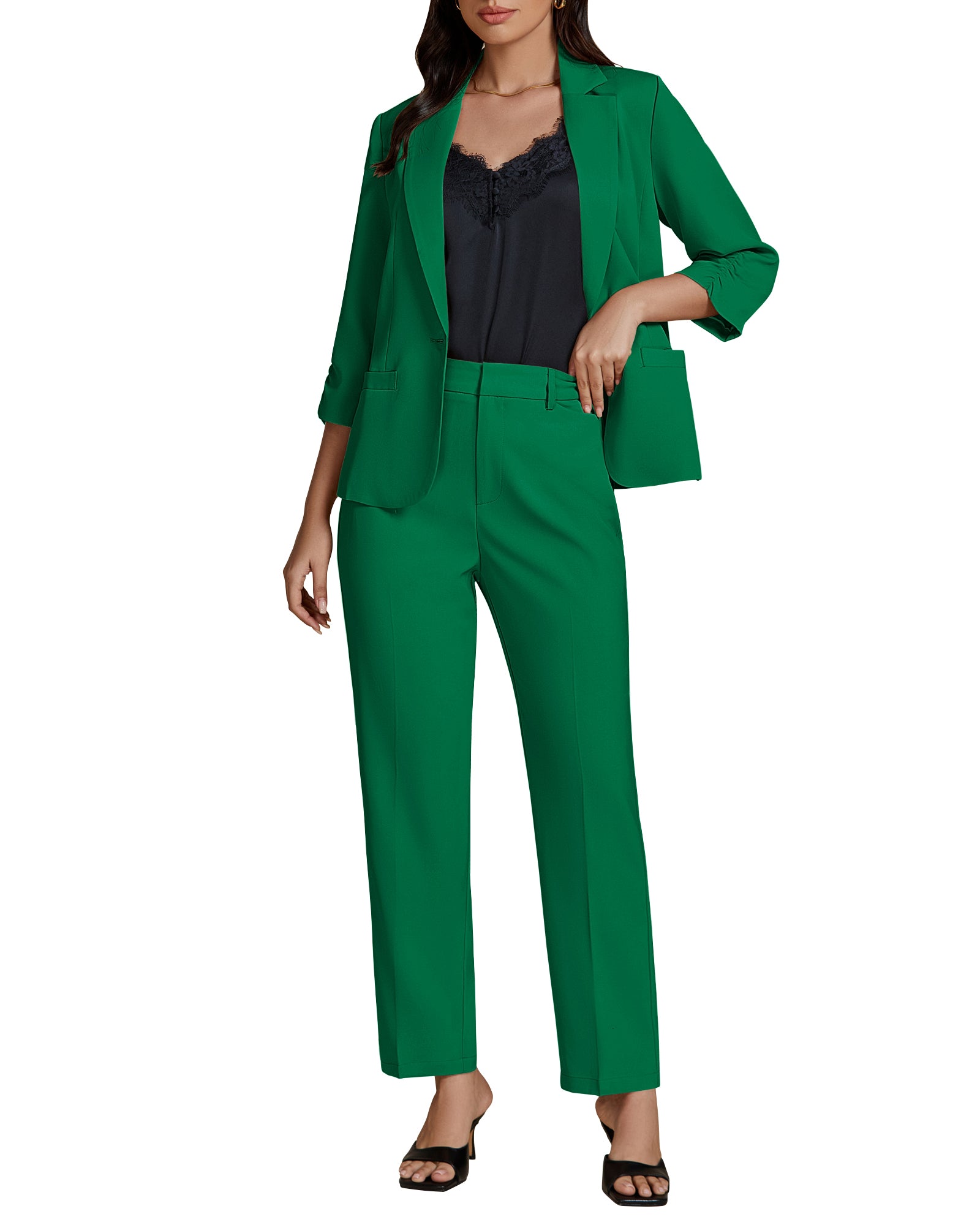 tiokkii Women's 3/4 Sleeve Blazer Straight Leg Pants Suit