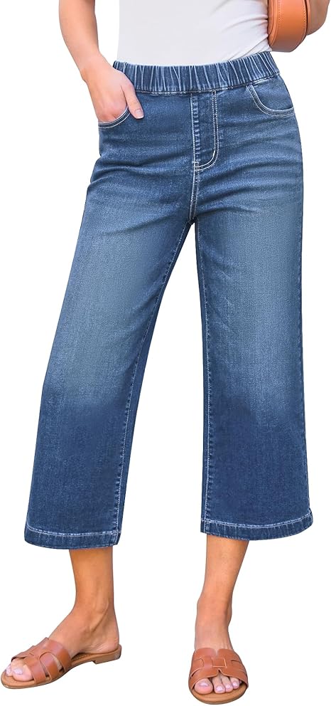 tiokkii Women's Wide Leg High Waisted Cropped Jeans Stretch Denim Elastic Waist Capri Jeans with Pockets