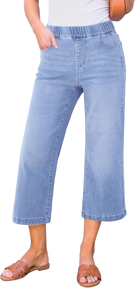 tiokkii Women's Wide Leg High Waisted Cropped Jeans Stretch Denim Elastic Waist Capri Jeans with Pockets