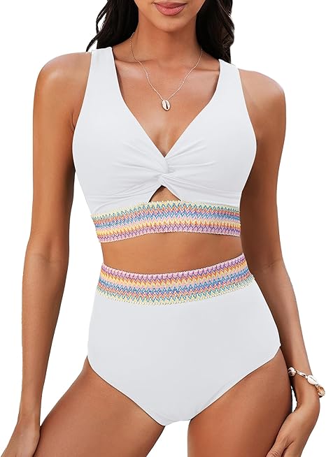 tiokkii Women's Bikini Set High Waist Swimsuit Thickened Two-Piece Knotted Twist Hollow Colorblock Swimsuit