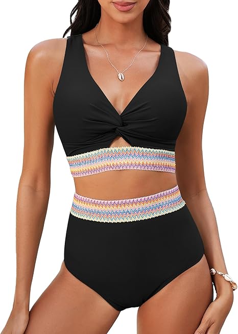 tiokkii Women's Bikini Set High Waist Swimsuit Thickened Two-Piece Knotted Twist Hollow Colorblock Swimsuit