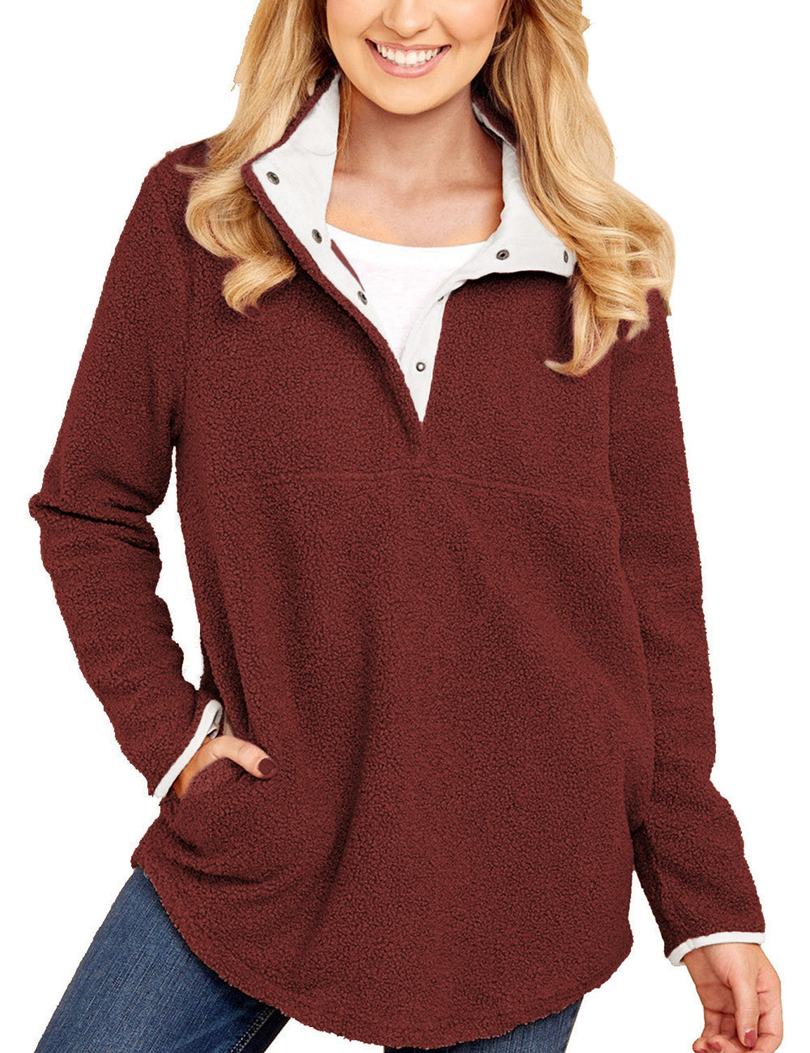 tiokkii Women's Fleece Pullover Top Front Buttons Sweatshirt with Pockets