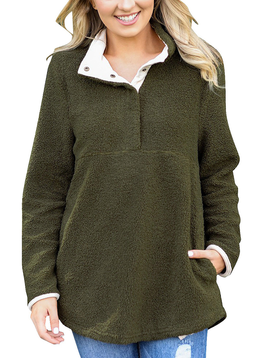 tiokkii Women's Fleece Pullover Top Front Buttons Sweatshirt with Pockets